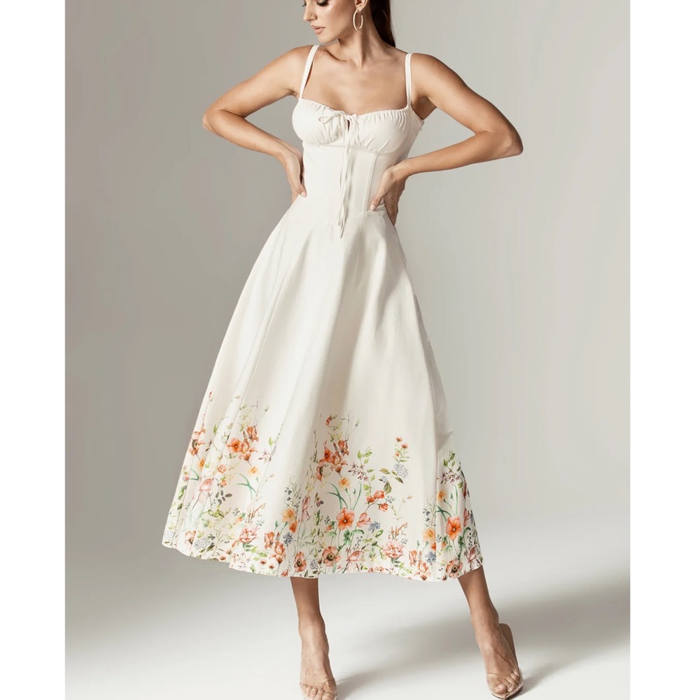 Aliava Annette Cotton Bustier Floral Midi Dress Size XL Wedding Guest Lace Up